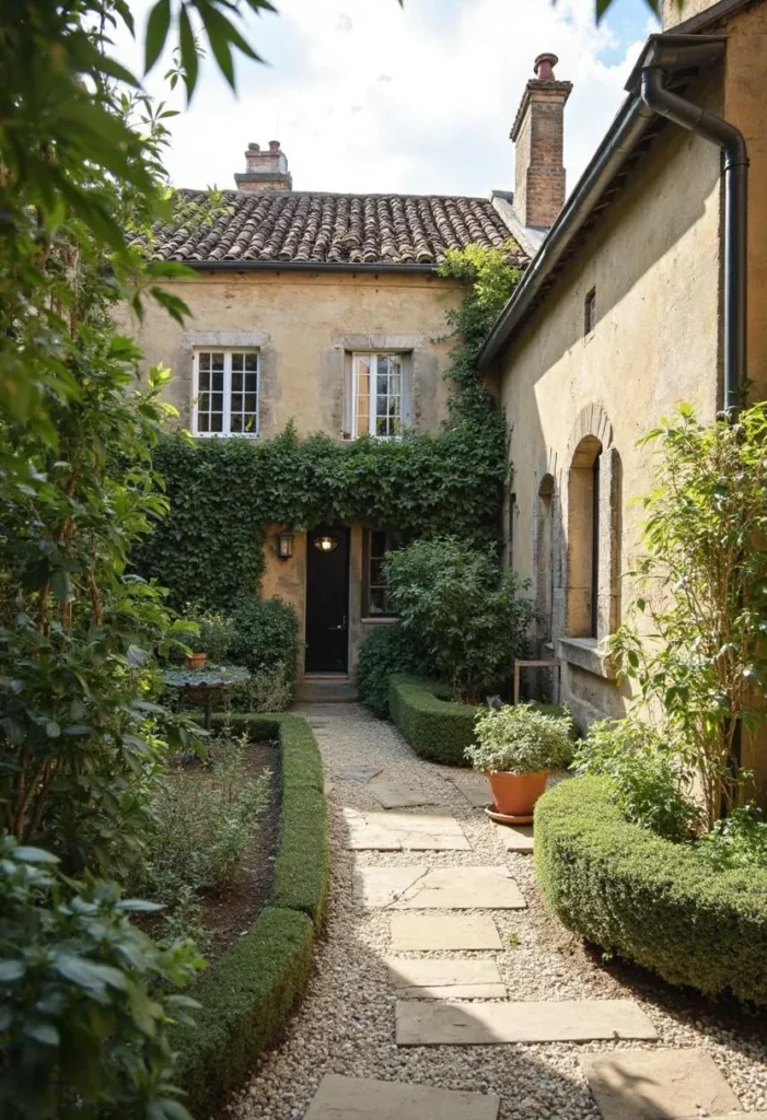 Allée de jardin menant à une maison, sans présence de guêpes ou frelons, après l’intervention de NUISI+